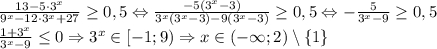 \frac{13-5\cdot 3^x}{9^x-12\cdot 3^x+27}\geq 0,5\Leftrightarrow \frac{-5\left ( 3^x-3 \right )}{3^x\left ( 3^x-3 \right )-9\left ( 3^x-3 \right )}\geq 0,5\Leftrightarrow -\frac{5}{3^x-9}\geq 0,5\\\frac{1+3^x}{3^x-9}\leq 0\Rightarrow 3^x\in \left [ -1;9 \right )\Rightarrow x\in \left ( -\infty ;2 \right )\setminus \left \{ 1 \right \}