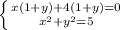 \left \{ {{x(1+y)+4(1+y)=0} \atop {x^2+y^2=5}} \right.