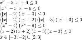 x^2-5\left | x \right |+6\leq 0\\\left | x^2 \right |-5\left | x \right |+6\leq 0\\\left ( \left | x \right |-2 \right )\left ( \left | x \right |-3 \right )\leq 0\\\left ( \left | x \right |-2 \right )\left ( \left | x \right |+2 \right )\left ( \left | x \right |-3 \right )\left ( \left | x \right |+3 \right )\leq 0\\\left ( x^2-4 \right )\left ( x^2-9 \right )\leq 0\\\left ( x-2 \right )\left ( x+2 \right )\left ( x-3 \right )\left ( x+3 \right )\leq 0\\x\in \left [ -3;-2 \right ]\cup \left [ 2;3 \right ]