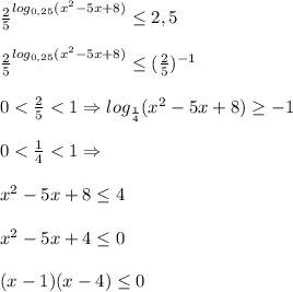 \frac{2}{5}^{log_{0,25}(x^{2}-5x+8)}\leq 2,5\\\\\frac{2}{5}^{log_{0,25}(x^{2}-5x+8)}\leq (\frac{2}{5})^{-1}\\\\0