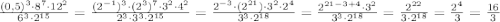 \frac{ (0,5)^3\cdot 8^7\cdot 12^2}{6^3\cdot 2^{15}} =\frac{ (2^{-1})^3\cdot (2^{3})^7\cdot 3^2\cdot 4^2}{2^3\cdot 3^3\cdot 2^{15}} =\frac{ 2^{-3}\cdot (2^{21})\cdot 3^2\cdot 2^4}{ 3^3\cdot 2^{18}} =\frac{ 2^{21-3+4}\cdot 3^2}{ 3^3\cdot 2^{18}} =\frac{ 2^{22}}{ 3\cdot 2^{18}} =\frac{2^4}{3}=\frac{16}{3}