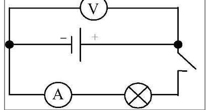 Нарисуйте схему цепи из источника тока, лампы, резистора, амперметра, вольтметра и ключа