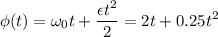 \displaystyle \phi(t)=\omega_0t+\frac{\epsilon t^2}{2}=2t+0.25t^2