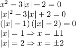 x^2-3|x|+2=0\\|x|^2-3|x|+2=0\\\left ( |x|-1 \right )\left ( |x|-2 \right )=0\\|x|=1\Rightarrow x=\pm 1\\|x|=2\Rightarrow x=\pm 2