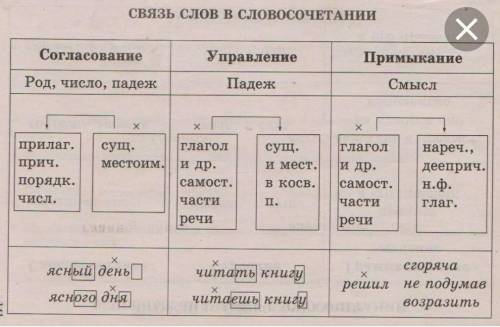 Схема видов синтаксической связи словосочетаний (10 примеров