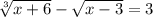 \sqrt[3] {x+6}-\sqrt{x-3}=3