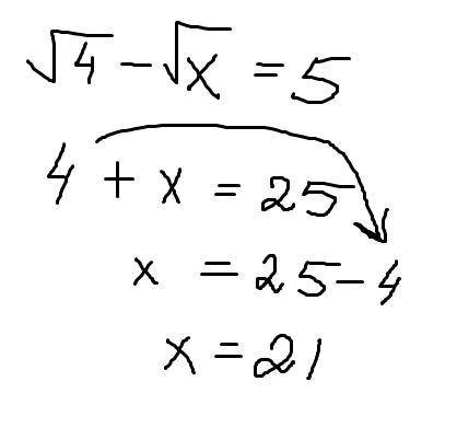 Корень 4 минус корень x равно 5