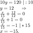 10y=120\ |:10\\y=12\ \ \ \ \Rightarrow\\\frac{x}{15}+\frac{12}{12} =0\\\frac{x}{15}+1=0\\ \frac{x}{15}=-1\ |*15\\x=-15.