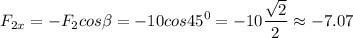 \displaystyle F_{2x}=-F_2cos\beta =-10cos45^0=-10\frac{\sqrt{2} }{2}\approx-7.07