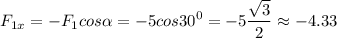 \displaystyle F_{1x}=-F_1cos\alpha =-5cos30^0=-5\frac{\sqrt{3} }{2}\approx-4.33