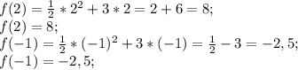 f(2)=\frac{1}{2}*2^{2}+3*2= 2+6=8;\\ f(2)=8;\\f(-1)=\frac{1}{2}*(-1)^{2}+3*(-1)= \frac{1}{2} -3=-2,5; \\ f(-1)=-2,5;
