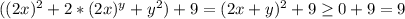 ((2x)^2+2*(2x)^y+y^2)+9=(2x+y)^2+9 \geq 0+9=9