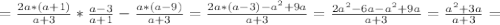 =\frac{2a*(a+1)}{a+3} *\frac{a-3}{a+1}-\frac{a*(a-9)}{a+3} = \frac{2a*(a-3)- a^{2}+9a}{a+3} = \frac{2a^{2}-6a-a^{2}+9a}{a+3} = \frac{a^{2}+3a}{a+3} =