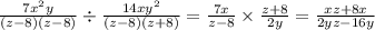 \frac{7x {}^{2}y }{(z - 8)(z - 8) } \div \frac{14xy {}^{2} }{(z - 8)(z + 8)} = \frac{7x}{z - 8} \times \frac{z + 8}{2y} = \frac{xz + 8x}{2yz - 16y}