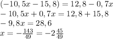 (-10,5x-15,8)=12,8-0,7x\\-10,5x+0,7x=12,8+15,8\\-9,8x=28,6\\x=-\frac{143}{49} =-2\frac{45}{49}
