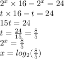 {2}^{x} \times 16 - {2}^{x} = 24 \\ t \times 16 - t = 24 \\ 15t = 24 \\ t = \frac{24}{15} = \frac{8}{5} \\ {2}^{x} = \frac{8}{5} \\ x = log_{2}( \frac{8}{5} ) \\