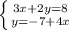 \left \{ {{3x+2y=8} \atop {y = - 7 + 4x}} \right.