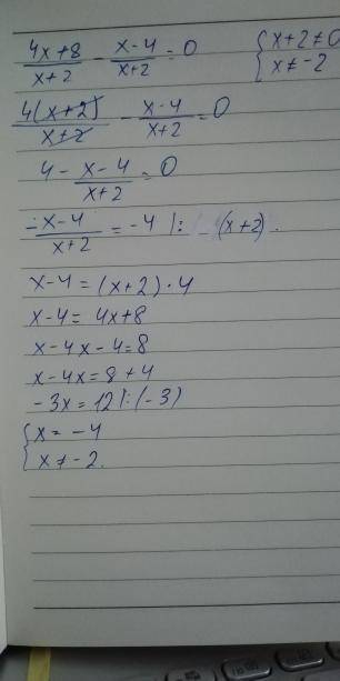 Розвяжіть рівняння: 4x+8(риска дробу)x+2(посередині мінус)x-4(риска дробу)x+2 =0До ть​
