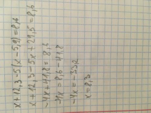 Решить уравнение:х+12,3-5(х-5,9)=8,6​