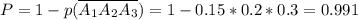 P=1-p(\overline{A_1A_2A_3})=1-0.15*0.2*0.3=0.991