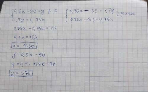 0,5a-90=y 1,7y=0,75a решите уравнение.пож.​