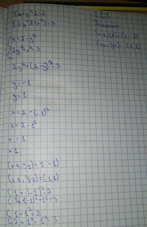 Реши систему уравнений методом подстановки: {x+y^2=2 {2y^2+x^2=3