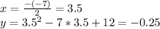 x=\frac{-(-7)}{2} =3.5\\y=3.5^2-7*3.5+12=-0.25