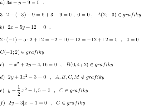 a)\ 3x-y-9=0\ \ ,\\\\3\cdot 2-(-3)-9=6+3-9=0\ ,\ 0=0\ ,\ \ A(2;-3)\in grafiky\\\\b)\ \ 2x-5y+12=0\ \ ,\\\\2\cdot (-1)-5\cdot 2+12=-2-10+12=-12+12=0\ \ ,\ \ 0=0\\\\C(-1;2)\in grafiky\\\\c)\ \ -x^2+2y+4,16=0\ \ ,\ \ B(0,4\, ;\, 2)\in grafiky \\\\d)\ \ 2y+3x^2-3=0\ \ ,\ \ A,B,C,M\notin grafiky\\\\e)\ \ y-\dfrac{1}{2}\, x^2-1,5=0\ \ ,\ \ C\in grafiky\\\\f)\ \ 2y-3|x|-1=0\ \ ,\ \ C\in grafiky