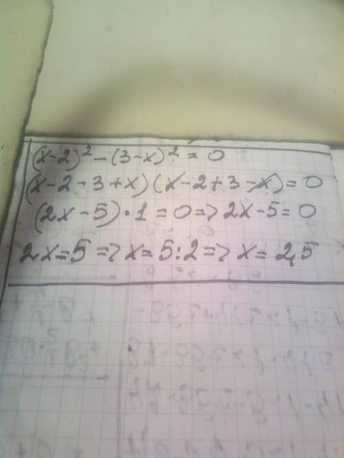 Решение уравнений (x - 2)²– (3 – x)²= 0;​
