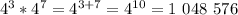 4^3*4^7=4^{3+7}=4^{10}=1 ~048 ~576