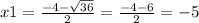 x1 = \frac{ - 4 - \sqrt{36} }{2} = \frac{ - 4 - 6}{2} = - 5