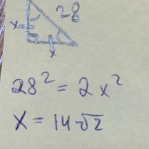 Треба розвязати прямокутный трикутник, якщо гіпотенуза (с = 28 см), а кут А = 45 градусів
