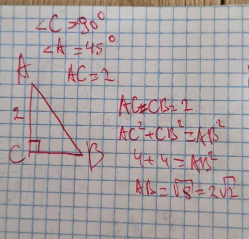 В треугольнике АВС угол С равен 90° угол А равен 45° АС =2найдите АВ​