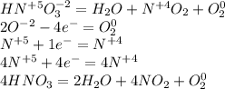 HN^{+5}O^{-2}_3 = H_2O + N^{+4}O_2 +O^{0}_2\\2O^{-2}-4e^{-} = O^{0}_2\\N^{+5}+1e^{-}= N^{+4}\\4N^{+5}+4e^{-}= 4N^{+4}\\4HNO_3 = 2H_2O +4 NO_2 +O^{0}_2