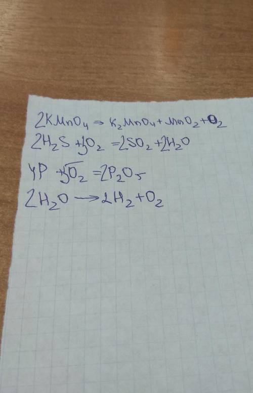 KMnO4 -> H2S+O2 -> P+O2 -> H2O -> реакція сполучників