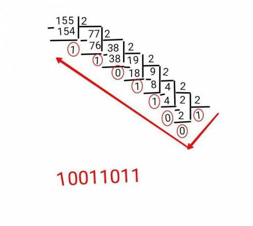 Число 155 в двоичной системе с числениям (со столбикам делениями)