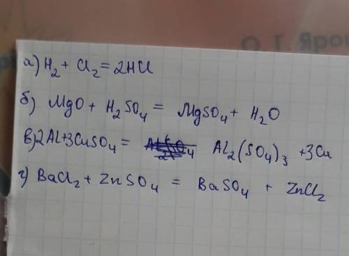 Закончите уравнения следующих химических реакций: а) H2 + Cl2 ⟶ …; б) MgO + H2SO4 ⟶ …; в) Al + CuSO4