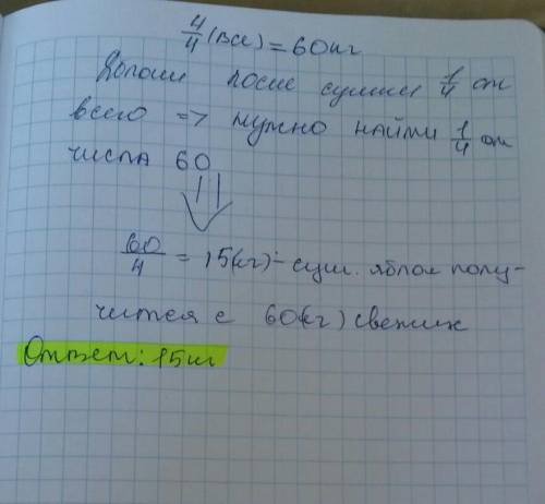 Решите задачу:Яблоки при сушке теряют 3/4-массы. Сколько сушёных яблок получится из60 кг свежих?​