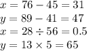 x =76 - 45 = 31 \\ y = 89-41 = 47 \\ x = 28 \div 56 = 0.5 \\ y = 13 \times 5 = 65