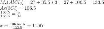 M_r(AlCl_3)=27+35.5*3=27+106.5=133.5\\Ar(3Cl)=106.5\\\frac{106.5}{133.5} =\frac{x}{15}\\\\ x=\frac{106.5*15}{133.5} =11.97