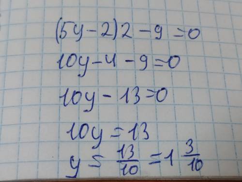 Розв‘язати рівняння (5y-2)2-9=o