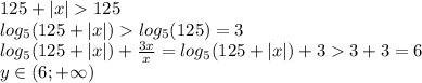 125+|x| 125\\ log_5(125+|x|) log_5(125)=3\\log_5(125+|x|)+\frac{3x}{x}=log_5(125+|x|) +3 3+3=6\\y\in(6;+\infty)