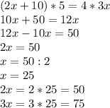 (2x+10)*5=4*3x\\10x+50=12x\\12x-10x=50\\2x=50\\x=50:2\\x=25\\2x=2*25=50\\3x=3*25=75