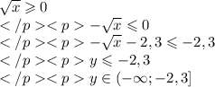 \sqrt x\geqslant 0 \\-\sqrt x \leqslant 0\\-\sqrt x-2,3\leqslant - 2, 3\\y\leqslant - 2, 3\\y\in(-\infty ;-2,3]