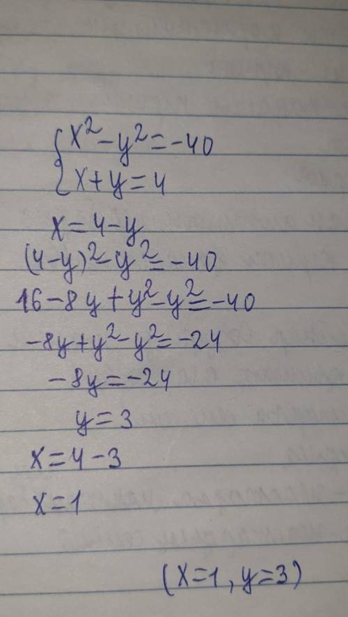 Решите систему уравнения х^2-у^2=-40 х+у=4