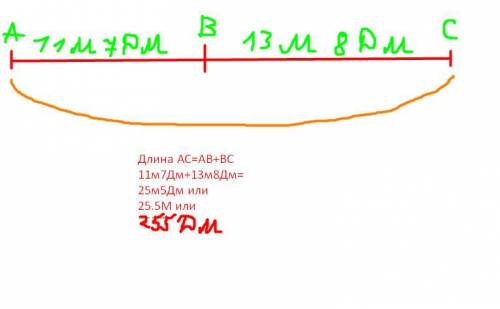Условие задания: А ABОтрезки AB и ВС расположены один за другим на прямой.AB = 11 м 7 дм, ВС = 13 м