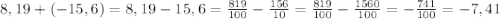 8,19+(-15,6)=8,19-15,6=\frac{819}{100} -\frac{156}{10} =\frac{819}{100}-\frac{1560}{100} = -\frac{741}{100} =-7,41