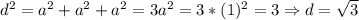d^2=a^2+a^2+a^2=3a^2=3*(1)^2=3 \Rightarrow d=\sqrt3