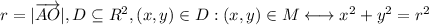 r = |\overrightarrow{AO}|, D \subseteq R^2, (x, y) \in D : (x, y) \in M \longleftrightarrow x^2 + y^2 = r^2