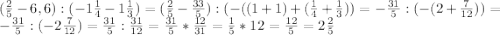 (\frac{2}{5} -6,6):(-1\frac{1}{4}-1\frac{1}{3})=(\frac{2}{5} -\frac{33}{5}):(-((1+1)+(\frac{1}{4}+\frac{1}{3}))=-\frac{31}{5} : (-(2+\frac{7}{12} ))=-\frac{31}{5}:(-2\frac{7}{12})=\frac{31}{5}:\frac{31}{12} = \frac{31}{5}*\frac{12}{31}=\frac{1}{5}*12=\frac{12}{5}=2\frac{2}{5}
